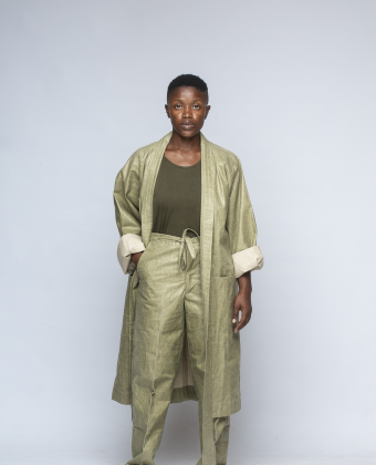 OLIVE GREEN wax covered linen kimono set