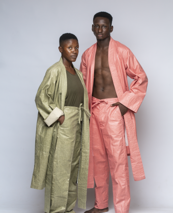 OLIVE GREEN AND PEACH WAX COVERED LINEN KIMONO SET (EACH)