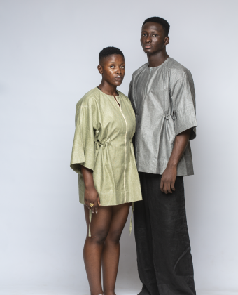 OLIVE GREEN AND GREY WAXED COVERED LINEN SMOCK (EACH)