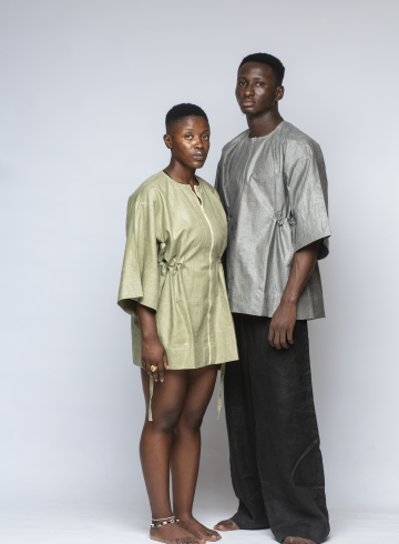 OLIVE GREEN AND GREY WAXED COVERED LINEN SMOCK (EACH)