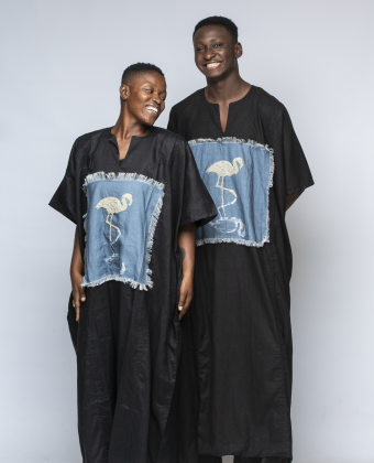 BLACK Linen KAFTAN WITH BEADED PATCH WORK (EACH)