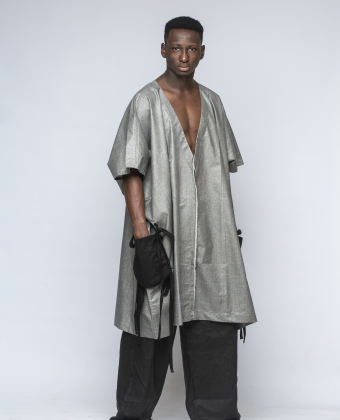 GREY WAXED COVERED V-NECK AGBADA WITH TIED ON POCKETS(CAN BE WORN AS A DRESS)