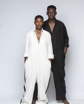 WHITE AND BLACK LINEN BOILER SUIT WITH SATIN STRIPES(EACH)