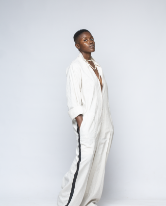 WHITE LINEN BOILER SUIT WITH SATIN STRIPES