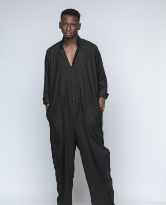 BLACK LINEN BOILER SUIT WITH SATIN STRIPES