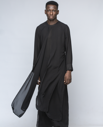 BLACK CHIFFON AND LINEN MIXED TRIPLED LAYERED KAFTAN