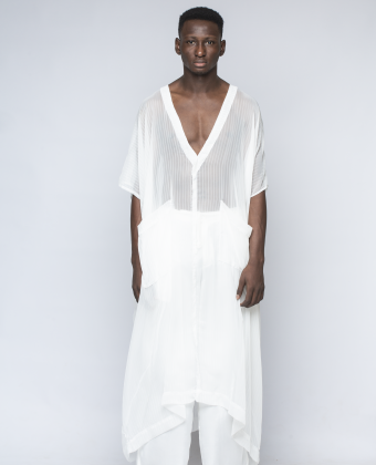 WHITE STRIPED V-NECK CHIFFON KAFTAN OVER WHITE SILK PALAZZO PANT